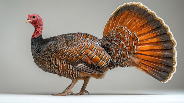 A vibrant male ocellated turkey displays its iridescent plumage against a neutral backdrop.
