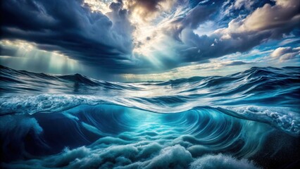 Oceanic Majesty A Dramatic Seascape Unveiling the Power and Beauty of a Wave's Undertow, Illuminated by Heavenly Light Beams Piercing Through Storm Clouds