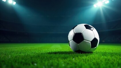 Fototapeta premium Majestic Soccerball in Stadium Spotlight A single, perfectly formed soccerball resting on lush green stadium grass. A powerful, focused spotlight shines directly onto the ball, creating dramatic