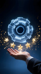 A digital rating customer review user feedback five star quality service innovation technology glowing star hand satisfaction success business abstract blue futuristic hologram circle interface data