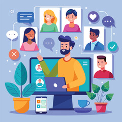 hybrid remote team collaborating via online video .eps