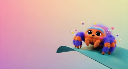 Whimsical and charming digital illustration of a cute fluffy cartoon spider with vibrant colors and big expressive eyes, surrounded by tiny hearts and flowers on a gradient background