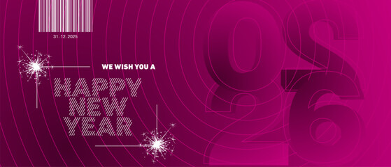 Happy New Year 2026 greeting card, party invitation. Modern typography concept, New Year's Vibes atmosphere template on abstract burgundy red background with sparkle firework. Back side