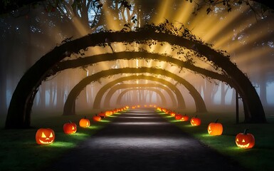 Enchanted Autumn Trail Illuminated by Pumpkins and Golden Light