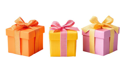 Obraz premium Three gift boxes, orange, yellow, and pink, tied with ribbons