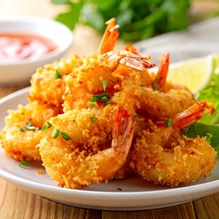 Fried shrimp appetizer with sauce and lime, served on a white plate