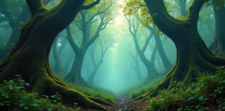 Misty Rainforest Morning with Thick Fog Rolling Through Ancient Trees and Mossy Branches A thick, ethereal mist rolls through an ancient tropical rainforest. Gnarled, moss covered tree branches are