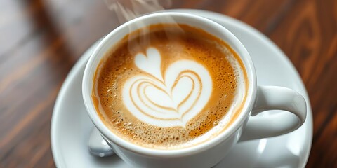 Steaming cappuccino in a white cafe cup, frothy milk art,  energy,  beverage