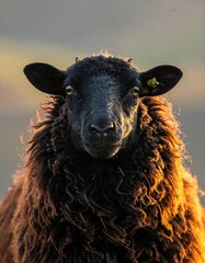 Front-facing, black-faced sheep with a fluffy, dark coat; warm sunlight