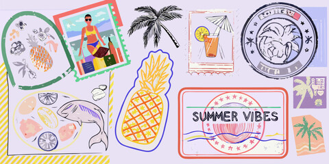 Collection of colorful summer vacation themed illustrations and stamps with tropical fruits and beach scenes