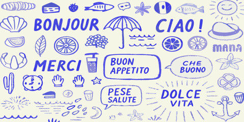 Whimsical hand drawn blue doodles featuring international greetings food and summer vacation elements