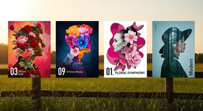 Four abstract digital art posters featuring stylized female profiles adorned with vibrant floral arrangements and modern graphic elements, displayed outdoors - Powered by Adobe