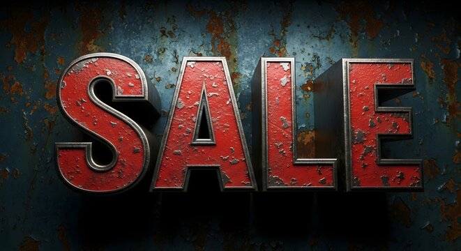 Bold red sale text with a distressed, rusty, and metallic texture against a dark, grunge, and weathered background, conveying a sense of urgency and a significant price reduction for a limited time
