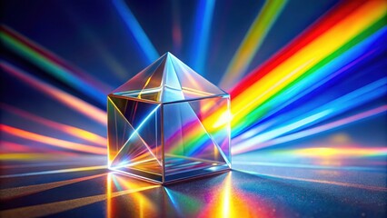 A multifaceted crystal prism refracts vibrant light rays, creating a spectrum of colors on a reflective surface
