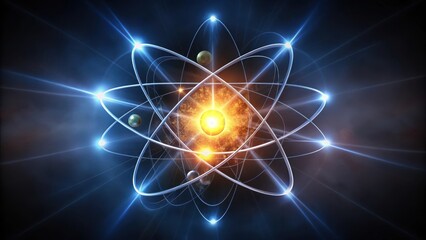 Illuminated Atomic Structure A Glowing Core and Orbiting Particles Displaying Energetic Luminescence