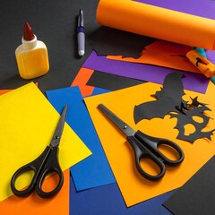 Halloween Crafting Scene with Scissors and Colorful Paper.