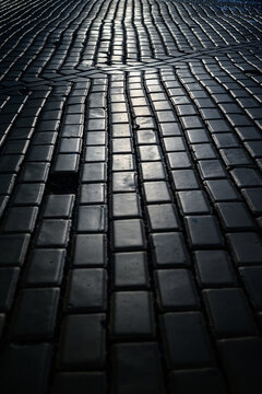 A long brick cobbled pathway with one brick missing - vertical
