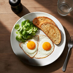 Healthy Breakfast with Fried Eggs, Toast, and Fresh Green Salad