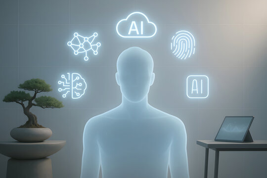 Human silhouette surrounded by AI and technology icons