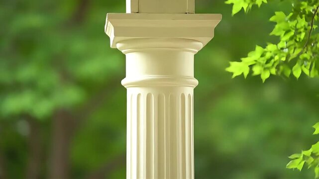 Elegant Cream Fluted Column Against Lush Green Foliage Backdrop Classic Architectural Detail in Serene Outdoor Garden Setting with Bright Natural Light