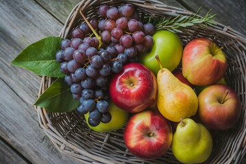A Bountiful Basket Overflowing With Fresh Autumn Fruits Showcasing Ripe Red Apples Crisp Green Apples Golden Pears and Juicy Purple Grapes