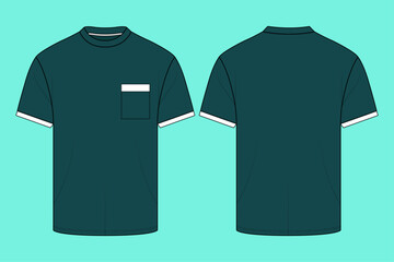 Men’s Contrast Pocket and Sleeve Trim Crewneck T-Shirt Flat Sketch Template.