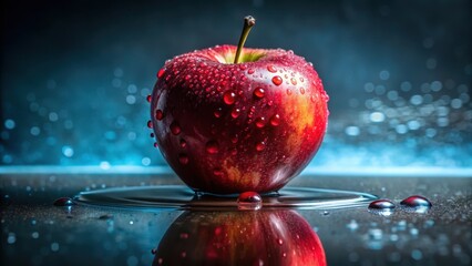 A single, glistening red apple rests on a dark, reflective surface, surrounded by water droplets, creating a captivating still life image.
