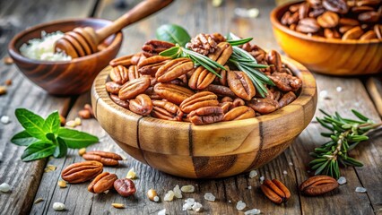 Fototapeta premium Roasted Pecans in Wooden Bowl with Herbs and Seasoning on Rustic Wooden Surface