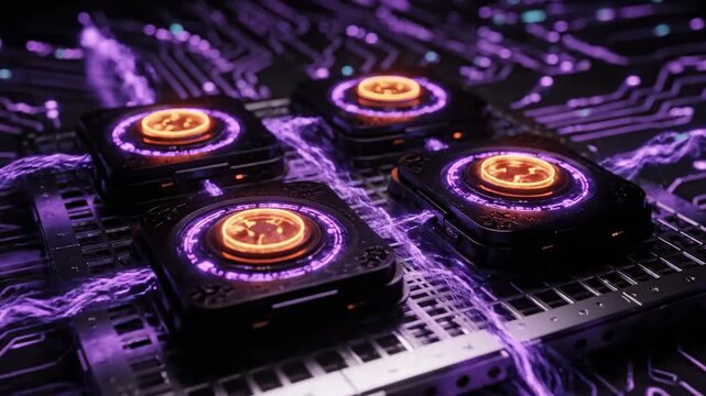 A futuristic tech design with glowing circular cores, swirling energy, and intricate circuit board details