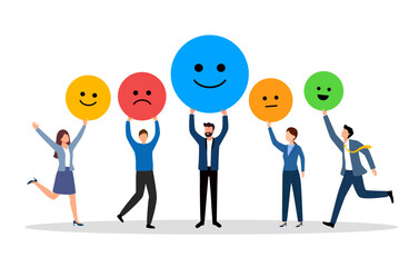 Naklejka na ściany i meble Employee satisfaction attitude survey feedback business in flat design vector illustration. Business people with various feedback emoticons. Working happiness wellbeing and satisfaction feedback Naklejka na ściany i meble Employee satisfaction attitude survey feedback business in flat design vector illustration. Business people with various feedback emoticons. Working happiness wellbeing and satisfaction feedback