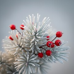 Frosted Pine Branch with Vibrant Red Berries