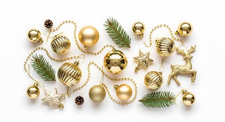 A festive collection of golden Christmas ornaments, pine sprigs, and beaded garlands arranged on a white background.