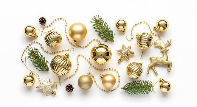A festive collection of golden Christmas ornaments, pine sprigs, and beaded garlands arranged on a white background.