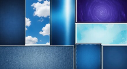 Blue and white abstract background with a blue sky and clouds, featuring a blue and white spiral design in the upper right corner.