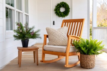 Fototapeta premium Cozy porch with rocking chair and natural decor welcoming guests
