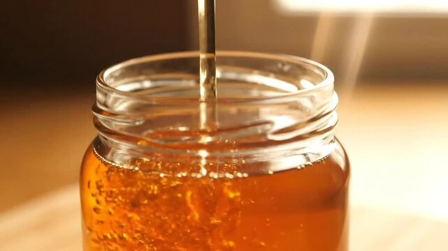 Golden Honey Flowing into a Glass Jar Close Up Sweet Nectar Cascading into a Container Amber Liquid Filling a Jar in Soft Light Organic Product Preservation Process