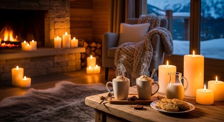 Fototapeta premium Cozy winter scene with a fireplace, candles, hot drinks, and cookies by a window overlooking a snowy landscape.