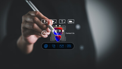 A person using stylus to interact with virtual chatbot interface featuring Twenty four seven AI...