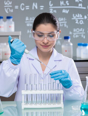 Researcher is dropping the reagent into test tube with chemical equations background in laboratory