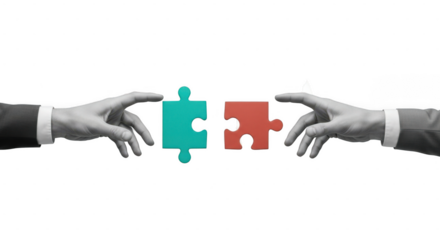 Two hands placing puzzle pieces together isolated on transparent background, symbolizing teamwork and collaboration
