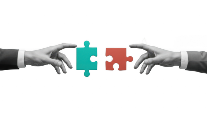 Two hands placing puzzle pieces together isolated on transparent background, symbolizing teamwork and collaboration