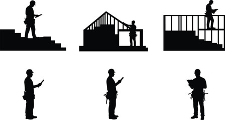 Construction worker silhouettes, building inspection, site engineer checking plans, architecture supervision, contractor on stairs and house framing, black isolated vector design