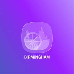 Birmingham, England: icon and logo prototype with glass liquid effect. Flat emblem with shapes of landmarks. Concept for mobile app, sticker, web element