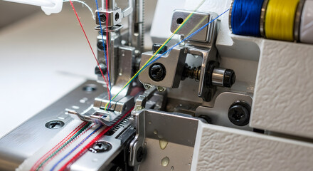 A close-up view of an overlock sewing machine in operation with multiple colorful threads being guided through its complex metal mechanism