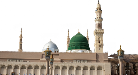 Majestic islamic mosque with green dome and minarets against clear sky isolated on transparent background