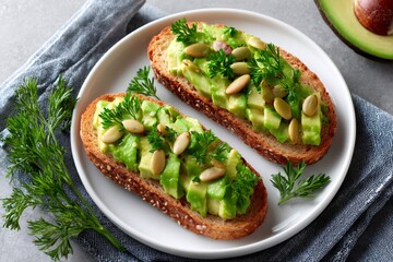 Avocado toast with seeds and herbs for healthy breakfast