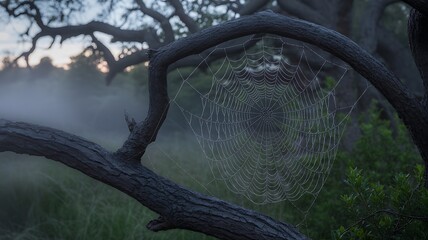A tranquil forest scene with ethereal mist swirling around moss-covered branches illuminated by soft twilight sunlight filtering through the canopy creating a magical and serene natural landscape