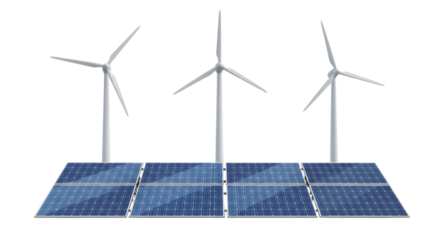 Wind turbine and solar panels isolated on white or transparent background