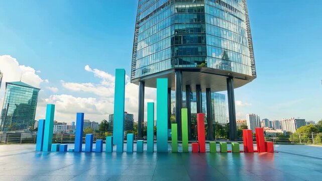 Colorful bar graph sculpture in front of modern skyscraper, sunny day