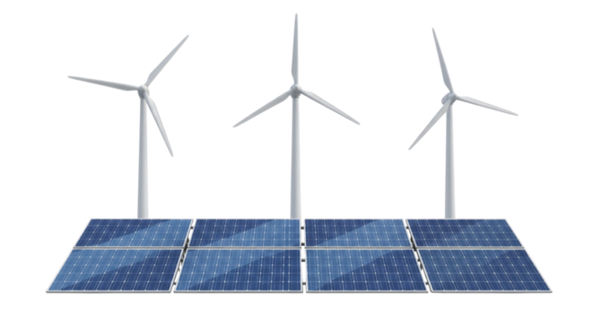 Wind turbine and solar panels isolated on white or transparent background - Powered by Adobe